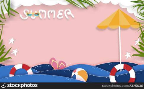 Summer background with beach vacation holiday theme with pink wave layer and copy space,Vector Top view paper cut of tropical summer design, palm leaves and cloud on pink sky background