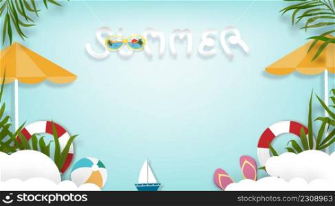 Summer background with beach vacation holiday theme with white wave layer and copy space,Vector Top view paper cut of tropical summer design, palm leaves and cloud on blue sky background