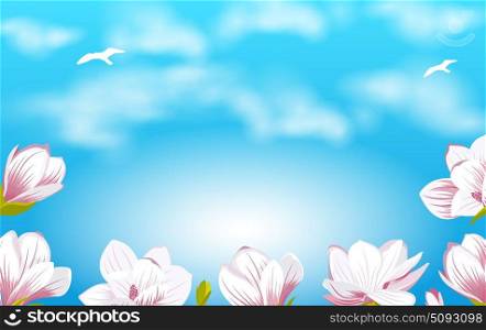 Summer Background with Beautiful Magnolia Flowers. Illustration Summer Background with Beautiful Magnolia Flowers on Cloudy Sky - Vector