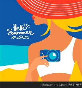 Summer background with beautiful woman silhouette at the seaside. Vector illustration
