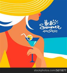 Summer background with beautiful woman silhouette at the seaside. Vector illustration