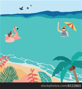 Summer background with coconut tree, sea ,people on the beach