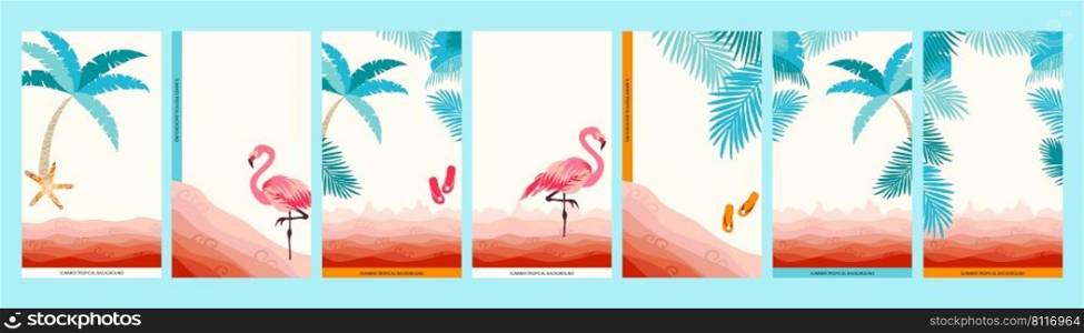 Summer background with coral beach and tropical jungle leaves frame design collection for social media stories, post or poster, card