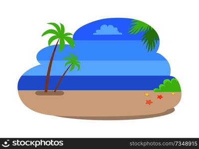 Summer background with empty beach without people, coastline with hot sand, palm trees, sea stars near bushes, vector summertime backdrop isolated. Summer Background Empty Beach Vector Coastline