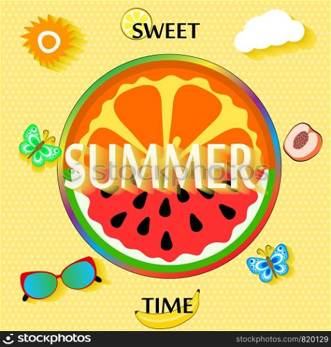Summer background with fruit slices, butterfly, glasses, sun and clouds. vector illustration