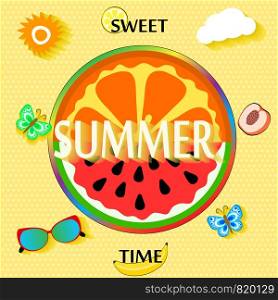 Summer background with fruit slices, butterfly, glasses, sun and clouds. vector illustration