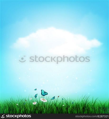 Summer Background With Grass, Flower And Butterflies