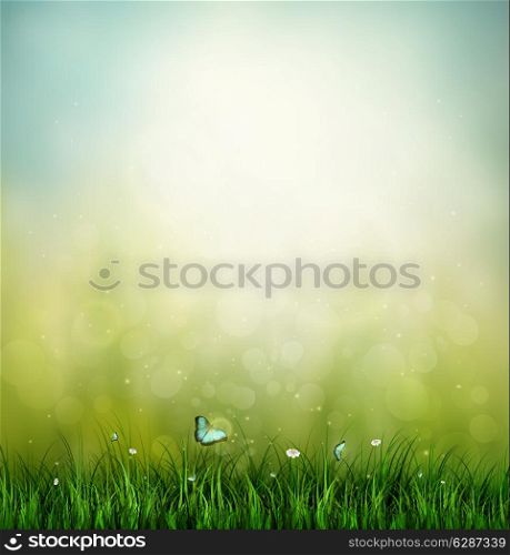 Summer Background With Grass, Flower And Butterfly