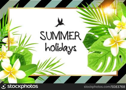 Summer background with green palm leaves and tropical flowers. Summer holiday lettering. Retro striped background.