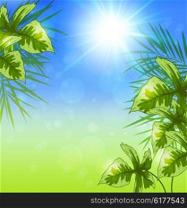Summer background with green tropical leaves and sun. Vector illustration.