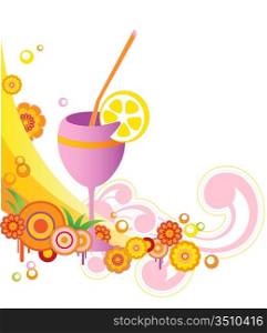 summer background with orange juice and flowers