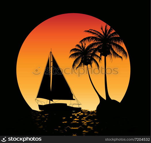 Summer background with palm trees and a yacht on the ocean