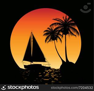 Summer background with palm trees and a yacht on the ocean