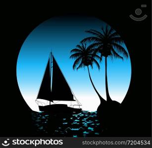 Summer background with palm trees and a yacht on the ocean