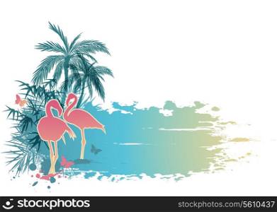 Summer background with palms and pink flamingo