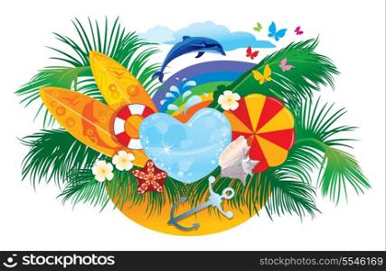 summer background with palms, shells, surfboards, rainbow and dolphin