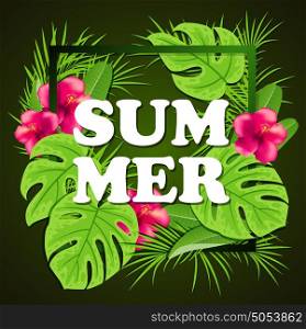 Summer background with red tropical flowers and green palm leaves in frame.