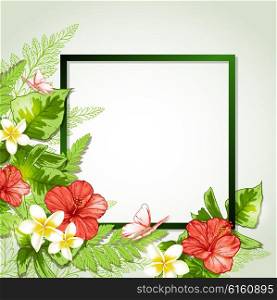 Summer background with red tropical flowers and leaves. Decorative summer floral frame with place for text.