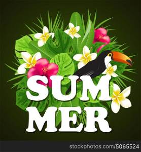 Summer background with red tropical flowers, green palm leaves and toucan bird.