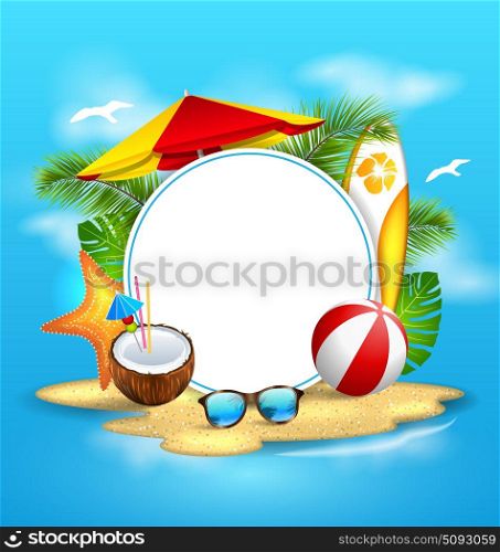 Summer Background with Sea, Island, Beach, Umbrella. Illustration Summer Background with Sea, Island, Beach, Umbrella, Coconut Cocktail, Sunglasses - Vector