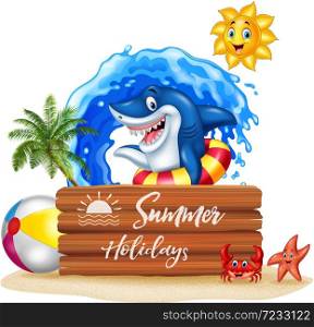 Summer background with shark and wooden sign