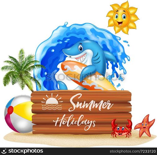 Summer background with surfing shark and wooden sign