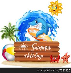 Summer background with surfing shark and wooden sign