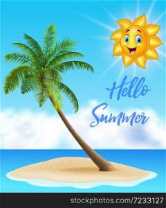 Summer background with tropical island and cartoon sun