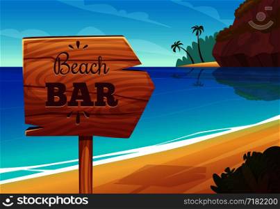 Summer background with wooden signboard on the beach. Vector bar signboard on sea coast illustration. Summer background with wooden signboard on the beach