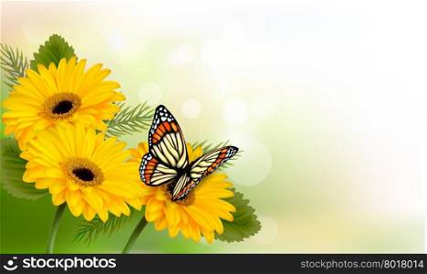 Summer background with yellow beautiful flowers and butterfly. Vector illustration