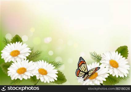Summer background with yellow beautiful flowers and butterfly. Vector illustration
