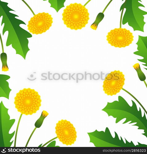 Summer background with yellow dandelions and green leaves.