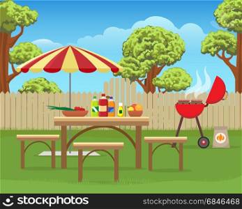 Summer backyard fun bbq. Summer backyard fun bbq or grilling barbecue party cartoon vector illustration. Home garden patio picnic lifestyle