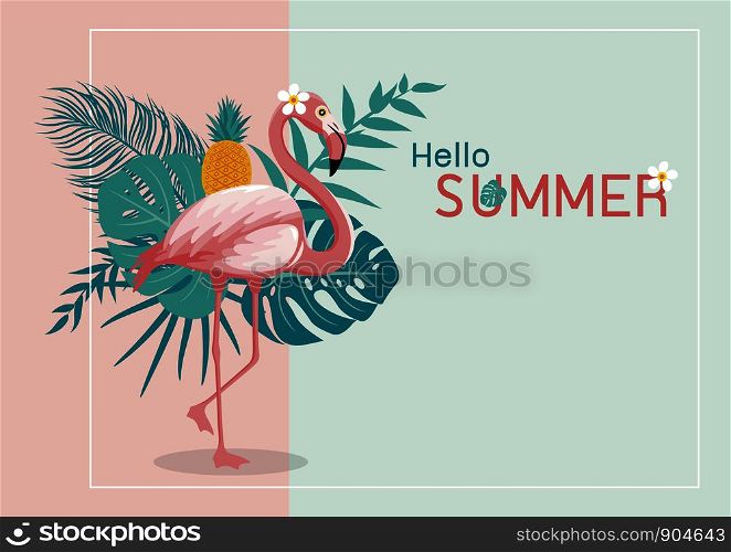 Summer banner design of flamingo and tropical leaves with copy space vector illustration