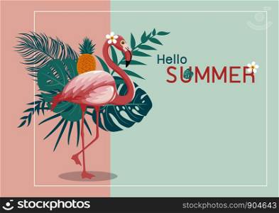 Summer banner design of flamingo and tropical leaves with copy space vector illustration