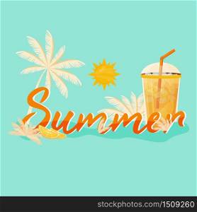 Summer banner flat vector template. Palms and lemonade. Beach weather horizontal poster word concepts design. Hot season cartoon illustrations with typography. Summer word on turquoise background