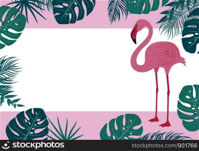 Summer banner of flamingo and tropical leaves vector illustration