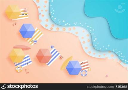 Summer banner or poster advertising . Summer beach with umbrella,balls,swim ring,sunglasses,surfboard, and sandal,sea wave in paper cut style from aerial view. Promotion template for summer season.