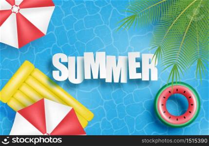 Summer banner or poster. Swimming pool with palm, umbrella, inflatable rubber bed, swim ring and on water. Top view. Shopping promotion template for summer season.