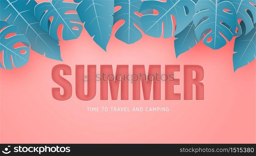 Summer banner or poster with tropical leaves on pink in paper cut style. Digital craft paper art.