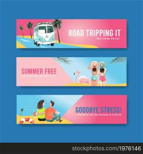 Summer banner template design for advertising and traveller on beach watercolor illustration