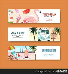 Summer banner template design for advertising and traveller on beach watercolor illustration