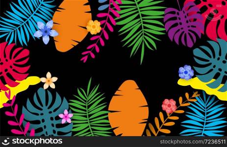 Summer banner template with tropical leaves flowers background. Summer paper cut style, banner template with tropical leaves flowers background, color exotic floral design banner, flyer, invitation, poster. Vector illustration