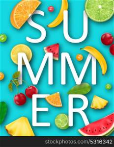 Summer Banner with Pineapple, Watermelon, Banana, Cherry, Orange, Lemon, Lime. Summer Banner with Pineapple, Watermelon, Banana, Cherry, Orange, Lemon, Lime , Tropical Ripe Fruits and Berries - Illustration Vector