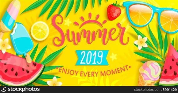Summer banner with symbols for summertime such as ice cream,watermelon,strawberries,glasses.Hand drawn lettering for template card, wallpaper,flyer,invitation, poster,brochure.Vector illustration. Summer flyer with summer symbols.