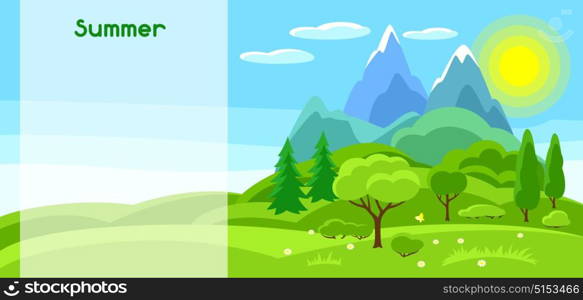 Summer banner with trees, mountains and hills. Seasonal illustration. Summer banner with trees, mountains and hills. Seasonal illustration.