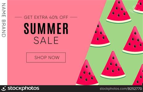 Summer banner with watermelon on pink and green background.Vector illustration.. Summer banner with watermelon on pink and green background