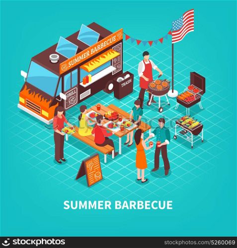 Summer Barbecue Isometric Illustration. Car with summer barbecue chef near grill and people at table on turquoise background isometric vector illustration