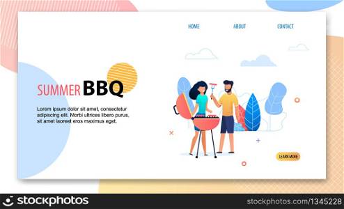 Summer BBQ. Cartoon Man Woman near Grill Vector Illustration. Backyard Barbecue Party. Happy People Fry Sausage. Nature Picnic Barbeque Outdoor. Cook Meat Beef on Fire. Garden Birthday Celebration. Summer BBQ Party. Cartoon Man Woman near Grill