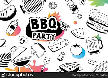 Summer BBQ doodles symbol and objects icon for party background. Barbecue picnic in hand drawn style. Use for labels, stickers, badges, poster, flyer, banner, illustration design.